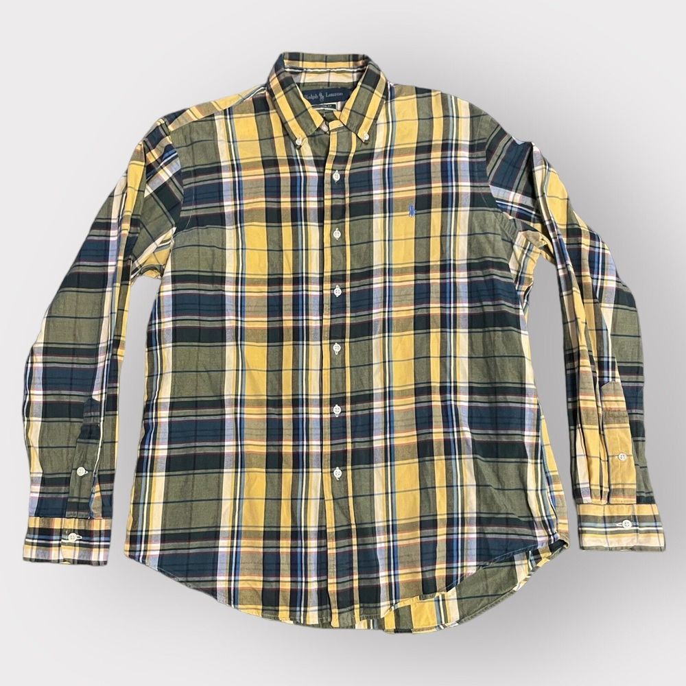 Vintage Ralph Lauren CUSTOM FIT Plaid Button Up Shirt | Yellow Green Blue LARGE